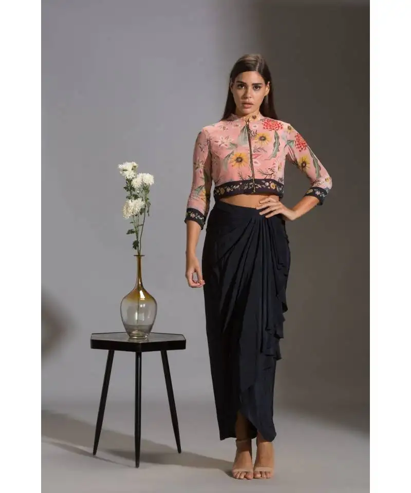 Bomber printed jacket with zipper with drape skirt