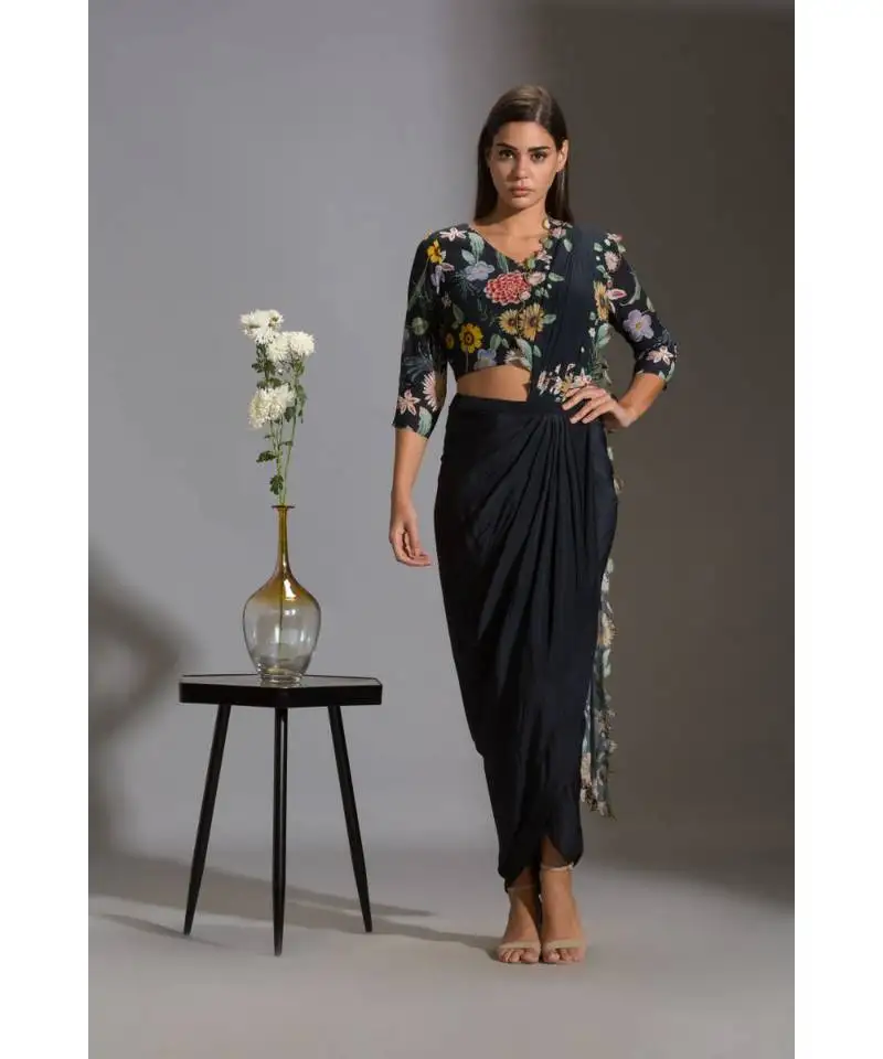 Black drape embroidered saree set