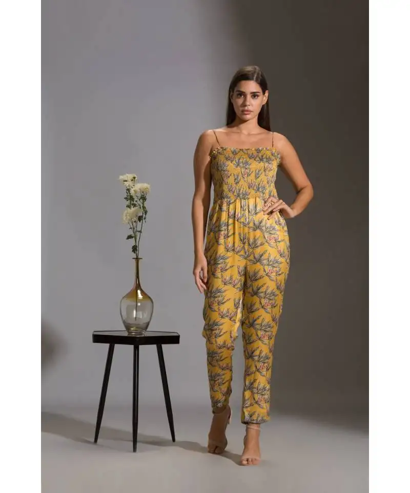 Yellow and blue satin square neck printed jumpsuit with jacket
