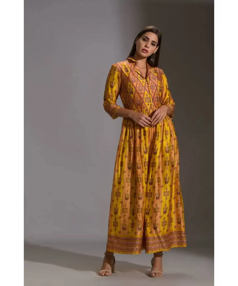 Yellow printed collared jumpsuit