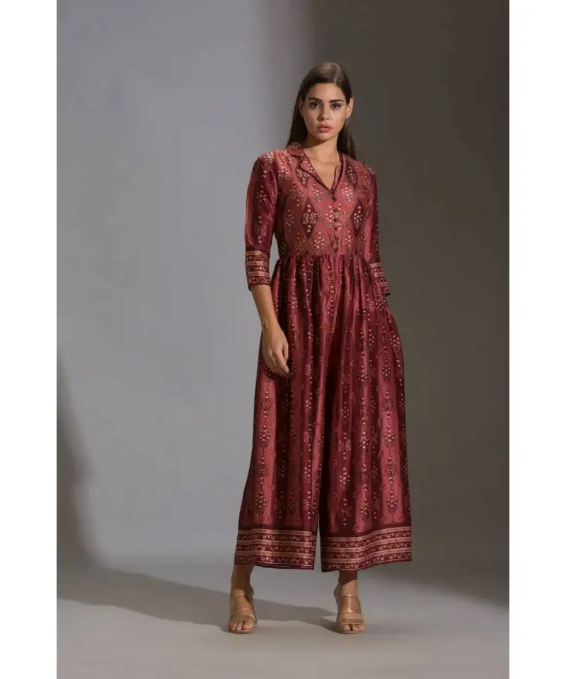 Maroon printed collared jumpsuit