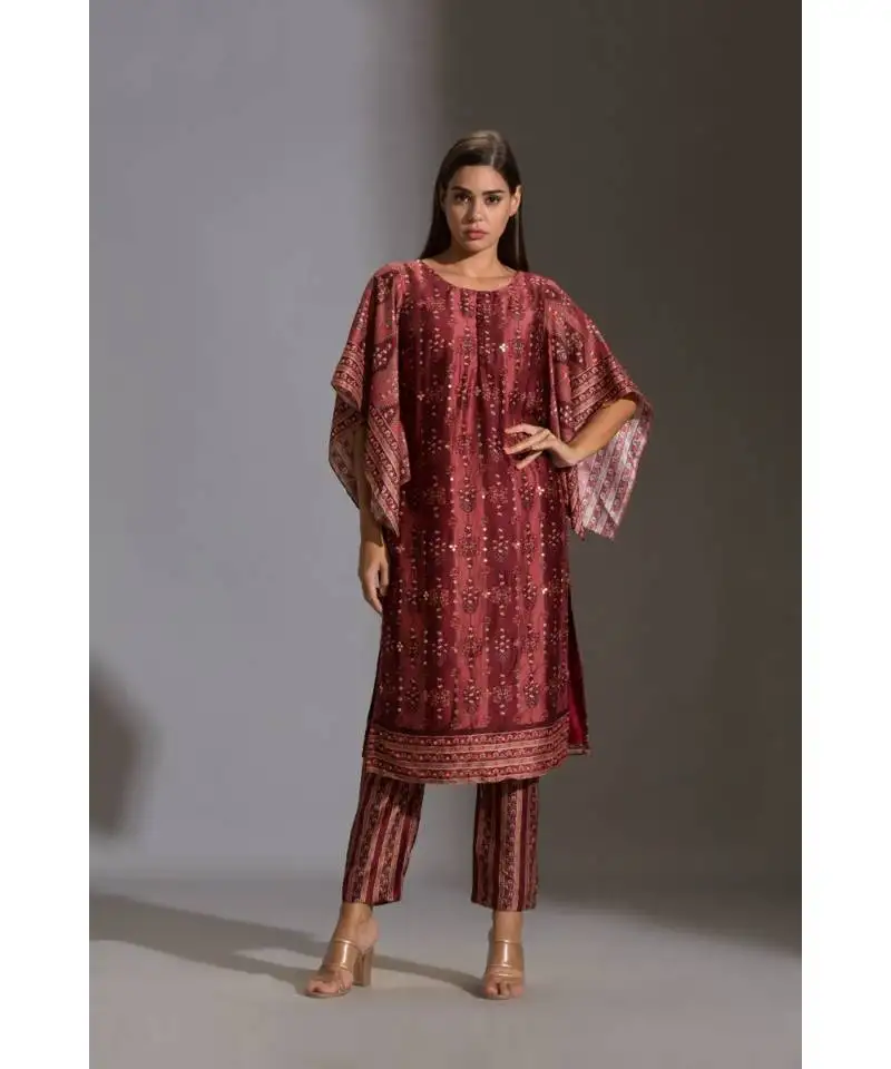 Kurta with side slit and bell sleeves paired with printed pants