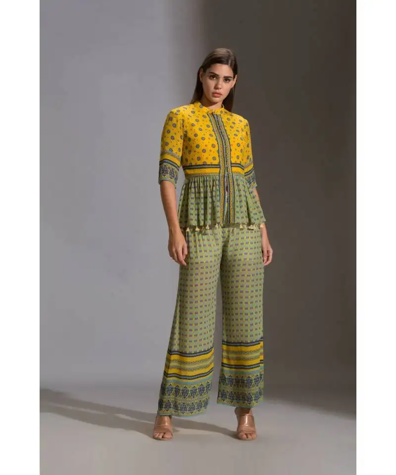 Yellow & green printed pant set