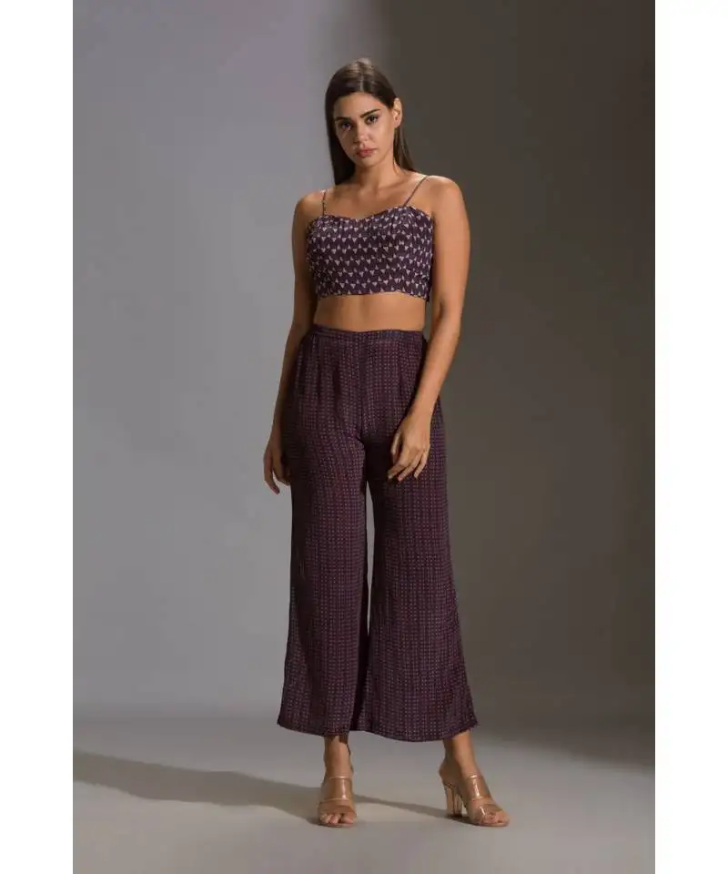 Printed bustier paired with printed pants and jacket