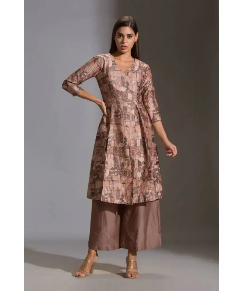 Printed overlap panel kurta paired with printed plazzo pants