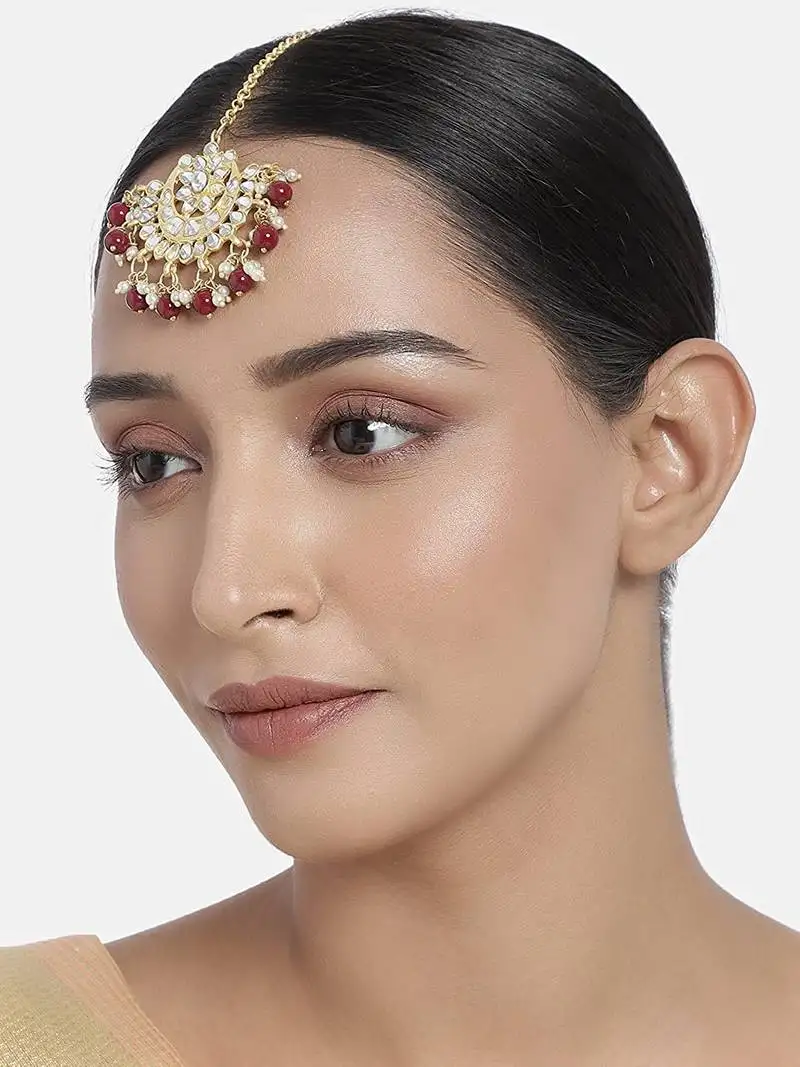 Ethnic matte finish traditional kundan studded maang tikka with pearls for women::Girls