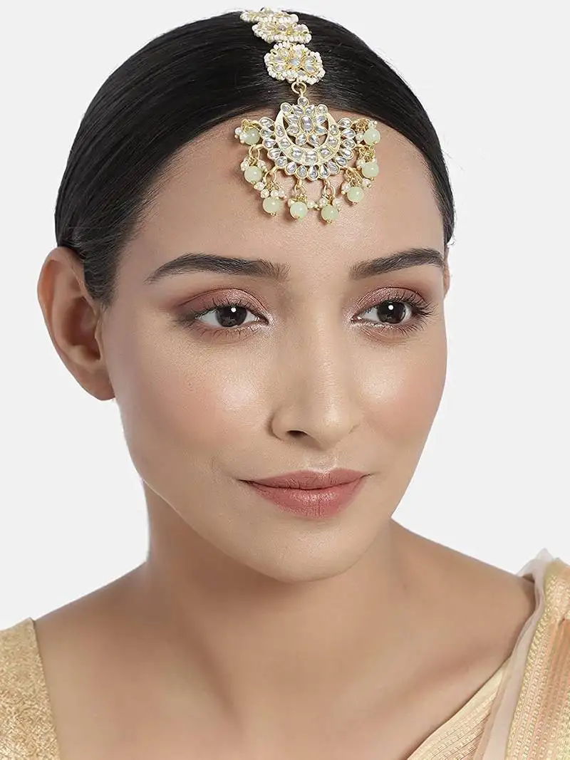 Matte finish traditional pearls kundan studded maang tikka for women::Girls