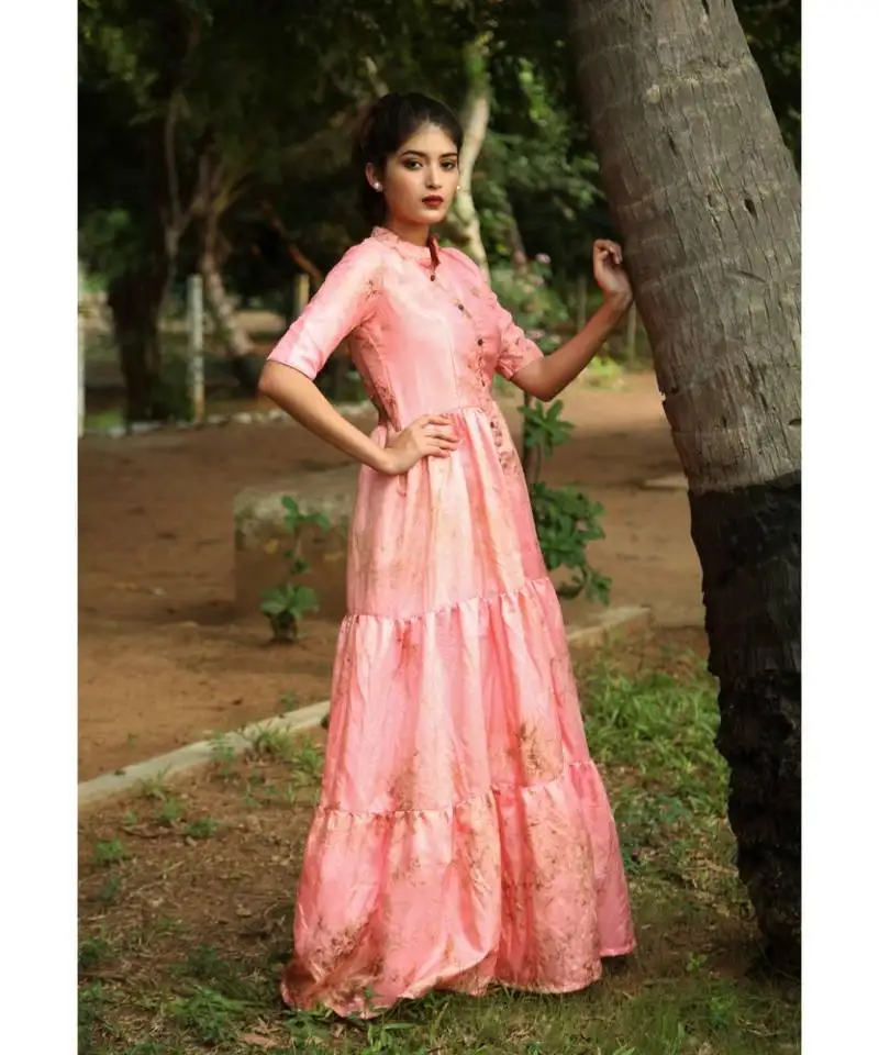 Pink printed art silk stitched dresses