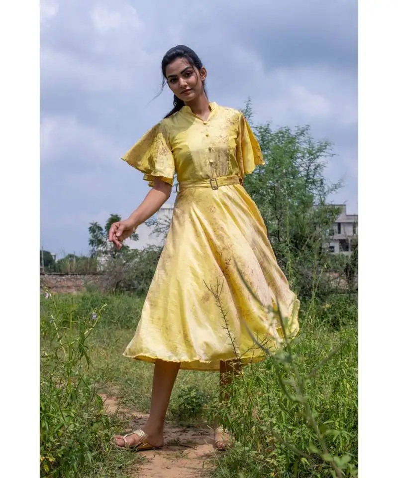 Yellow woven art silk stitched dresses