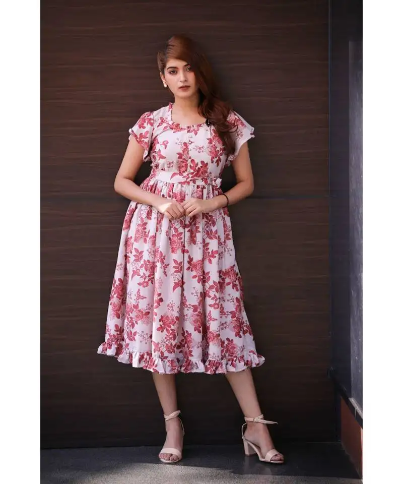 Printed muslin midi dress with ruffles
