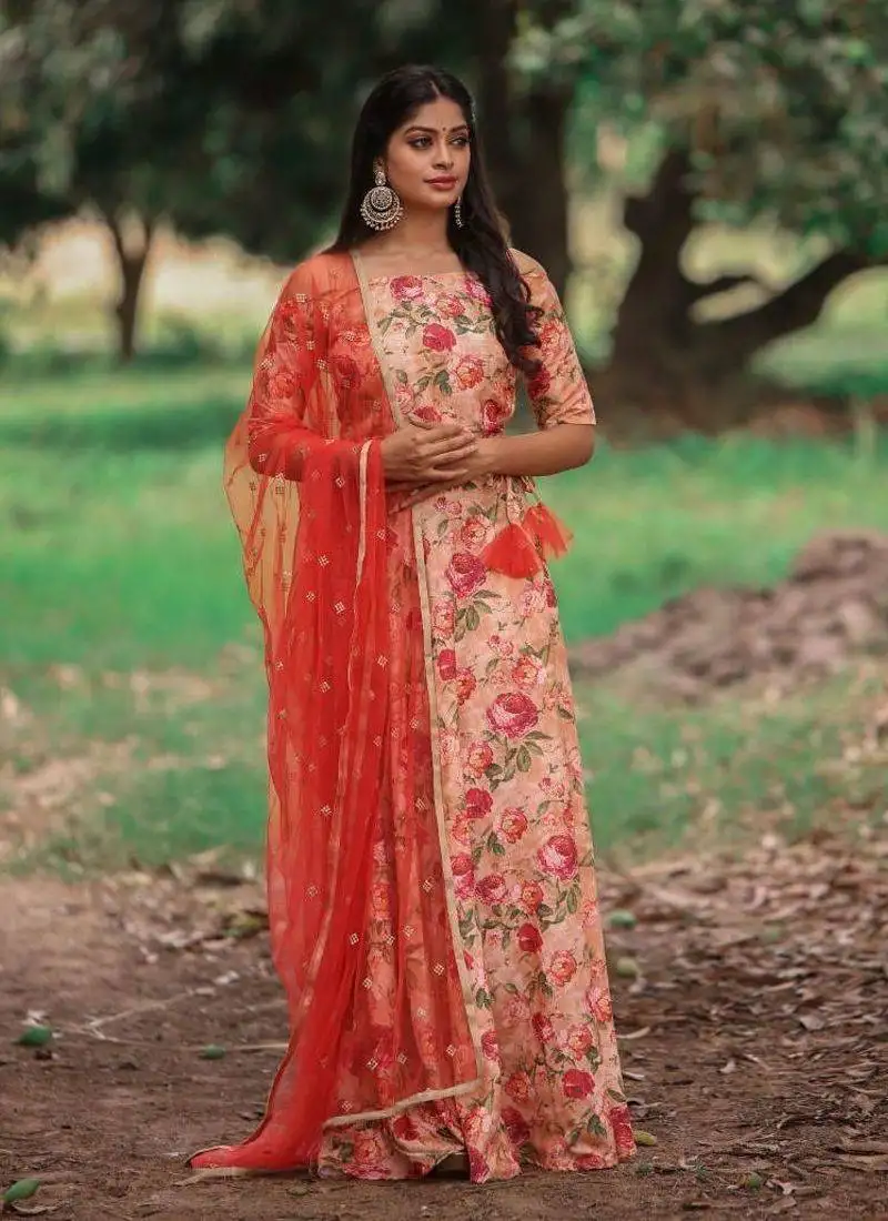 Orange rayon fit and flare crop top skirt dupatta