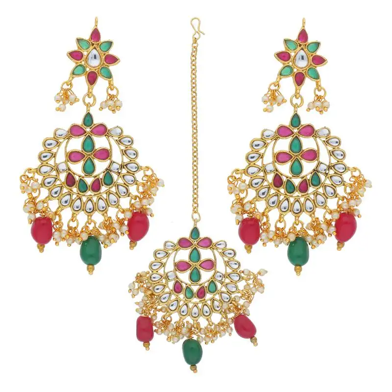 Traditional gold plated pearl & kundan maang tikka with earring set