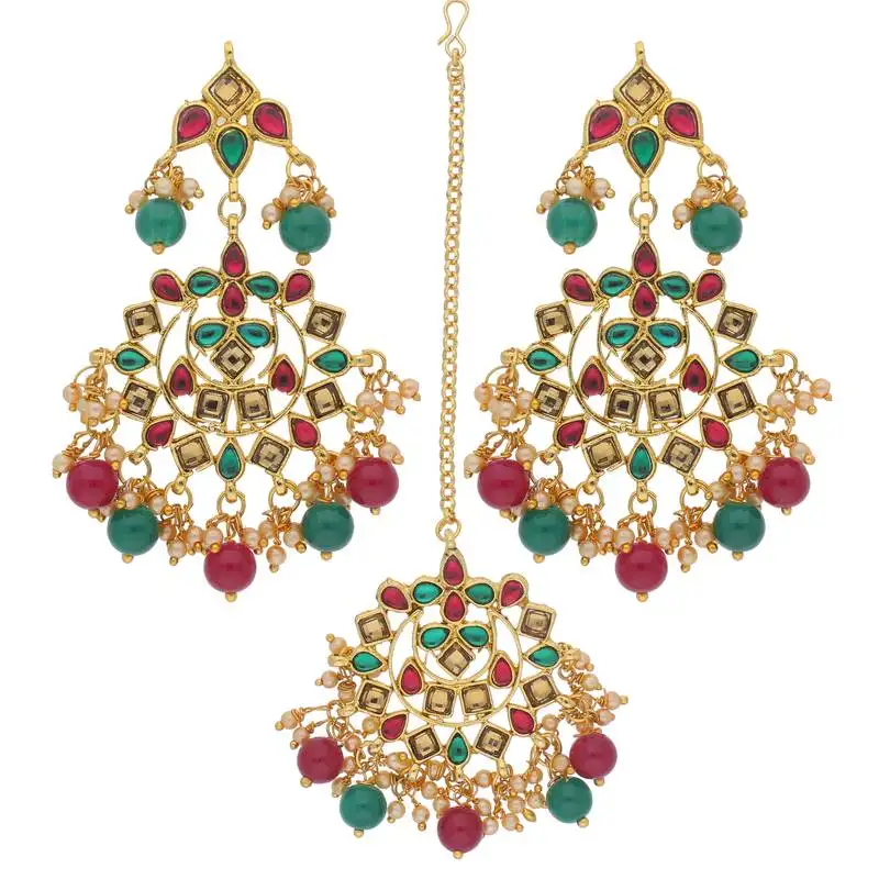 Traditional gold plated pearl & stone studded maang tikka with earring set