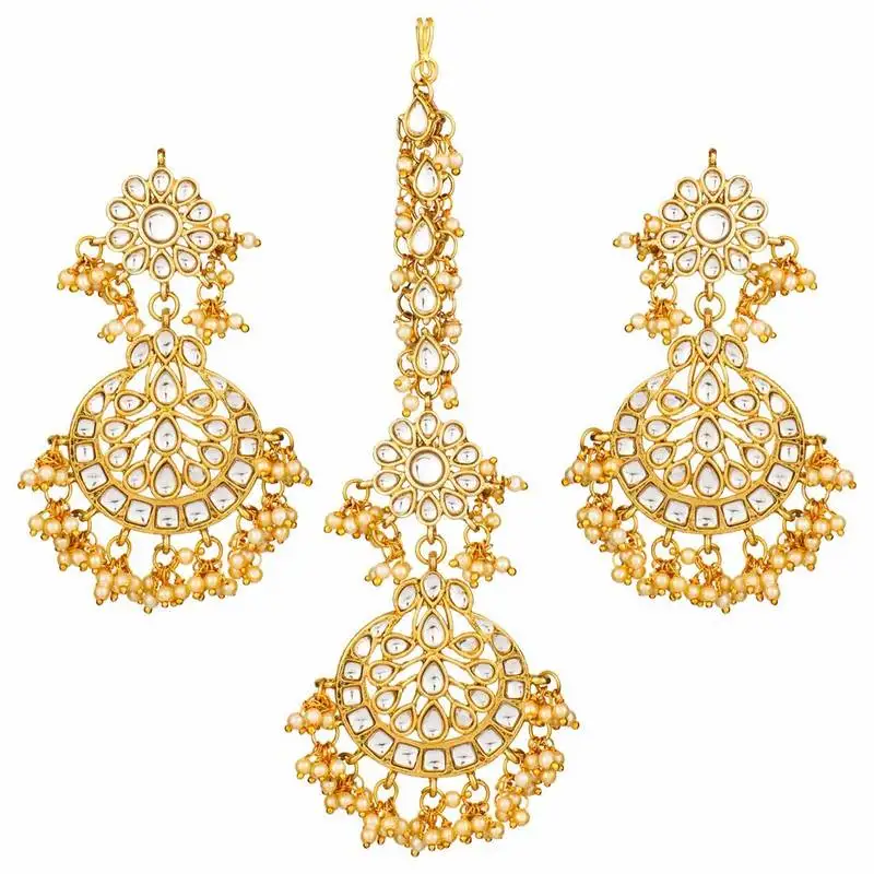 Gold plated traditional handcrafted earrings with maang tikka encased with faux kundan & pearl for women::Girls