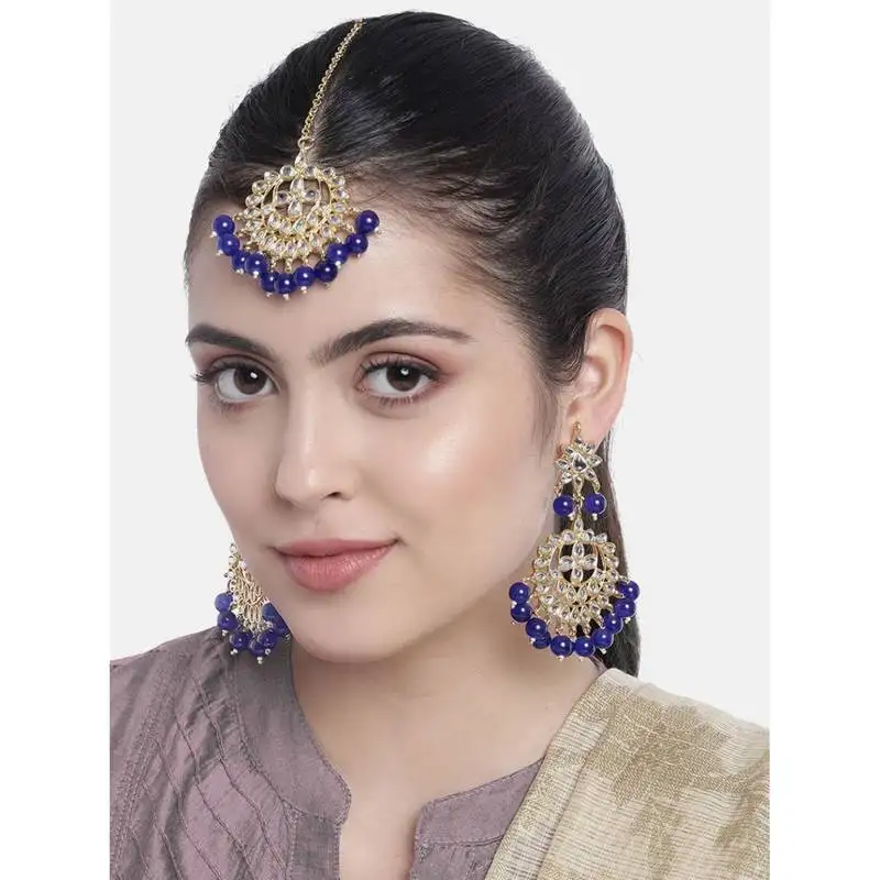 Traditional pearl and blue kundan maang tikka with earring set for women