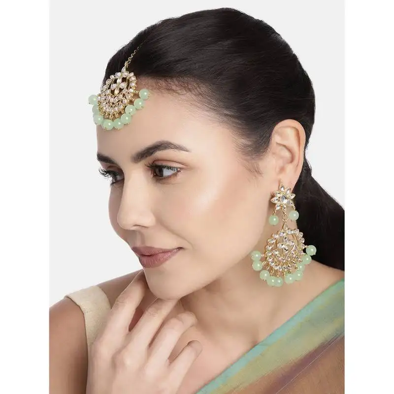 Traditional kundan pearl earrings & maang tikka for women