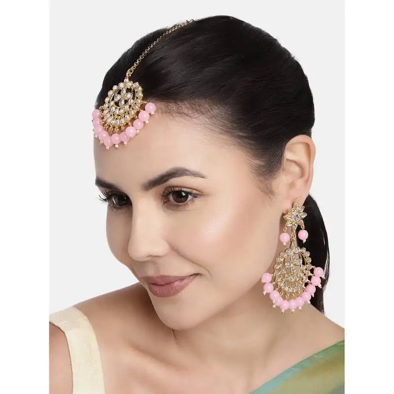 Traditional pink pearl and kundan maang tikka with earring set for women