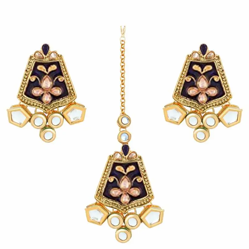 Gold plated traditional kundan meenakari earrings with maang tikka for women