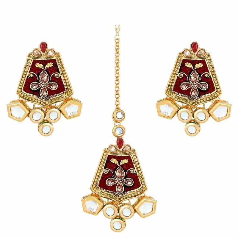 Gold plated traditional kundan meenakari earrings with maang tikka