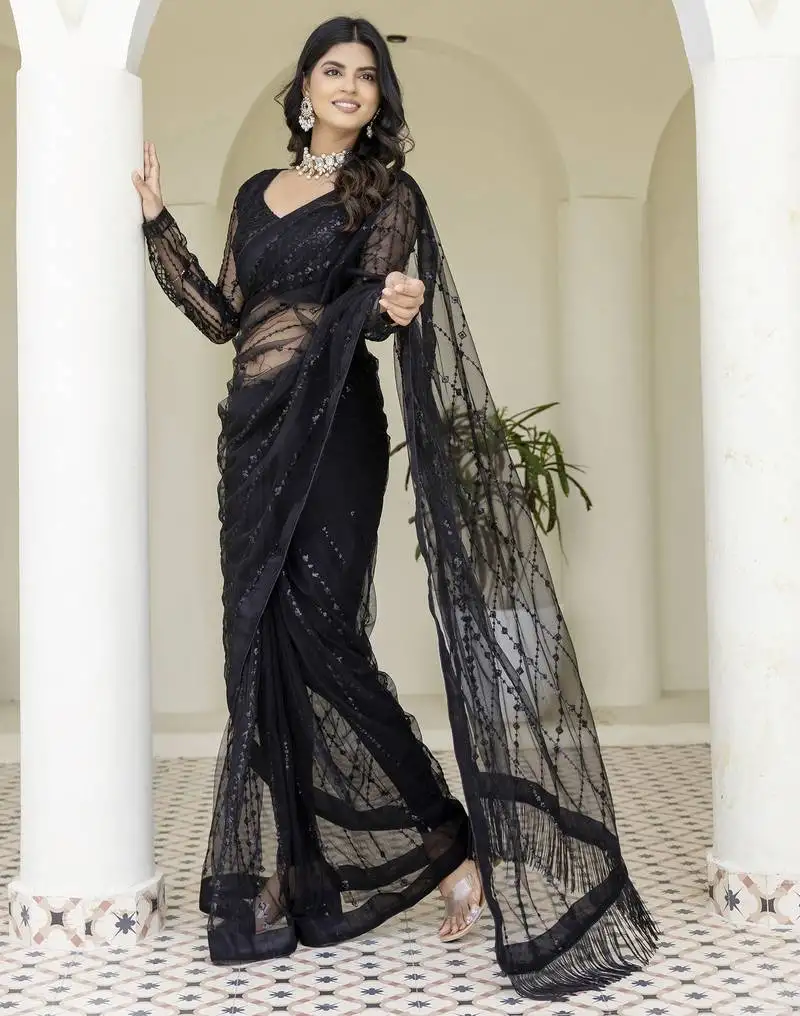 Beautifully black sequins and thread embroidered with stone work soft mono net fabric indian designer saree