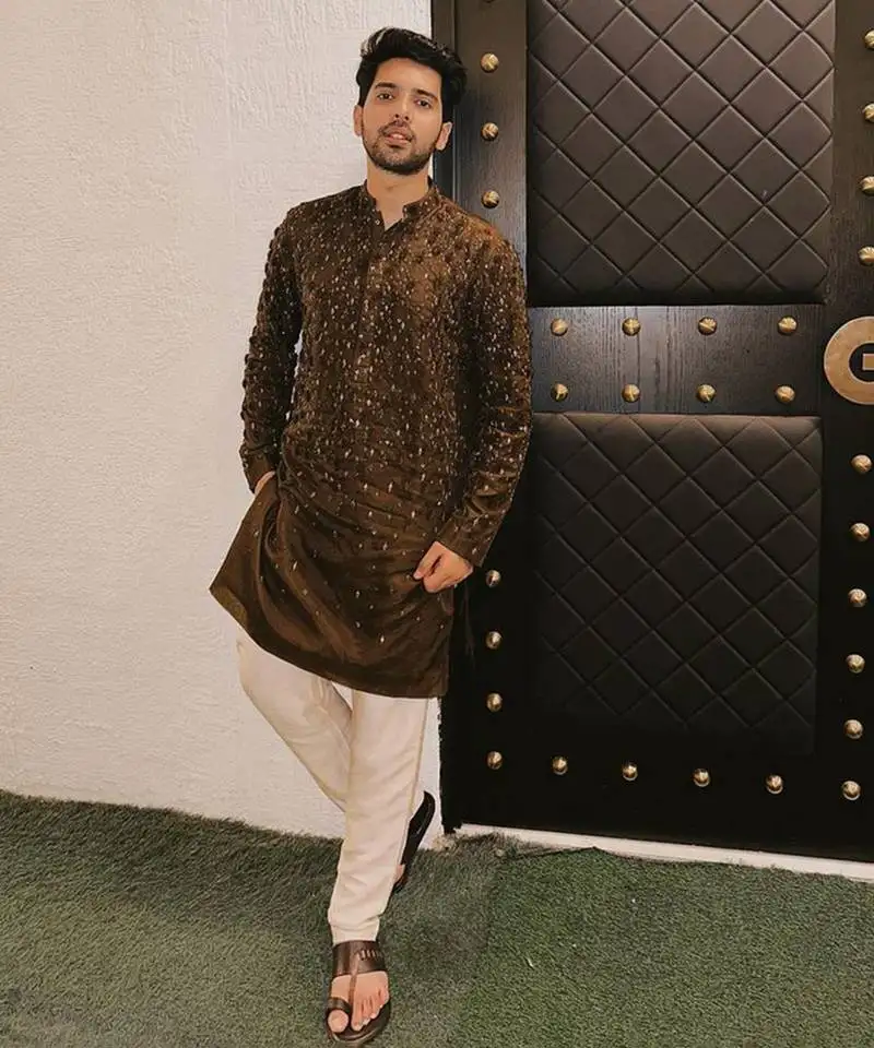 Brown embroidered organza kurta set