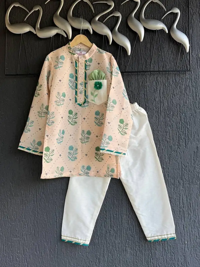 Beige printed cotton silk kurta pyjama