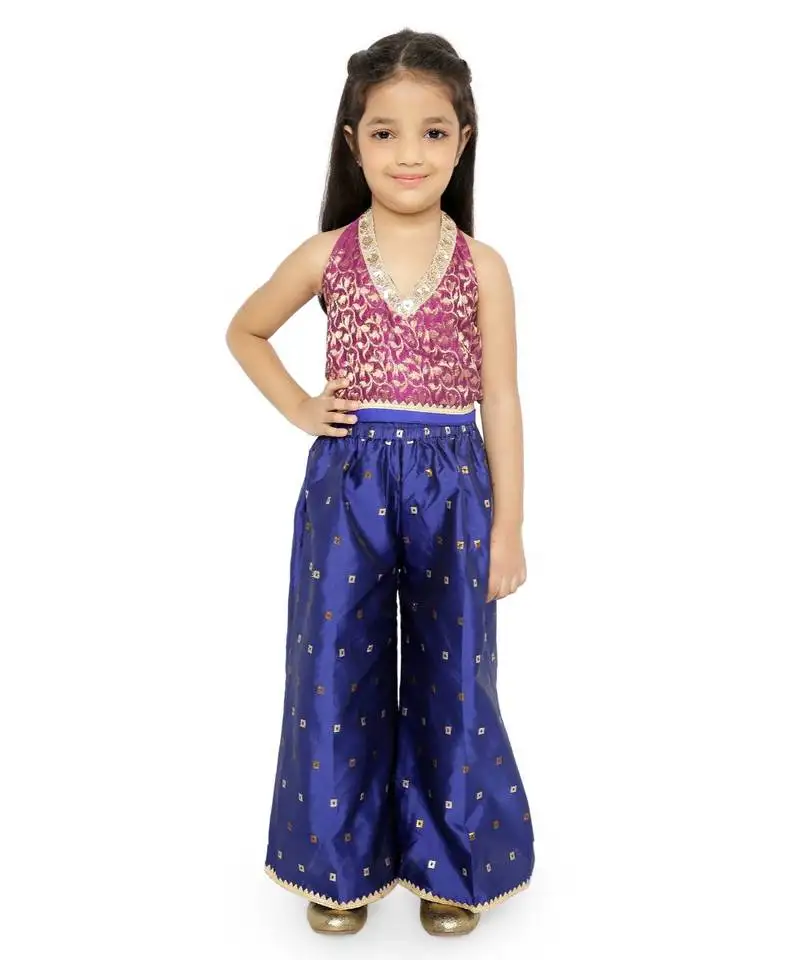 Twisha stylish brocade halter neck choli with jaquard palazzos -magenta
