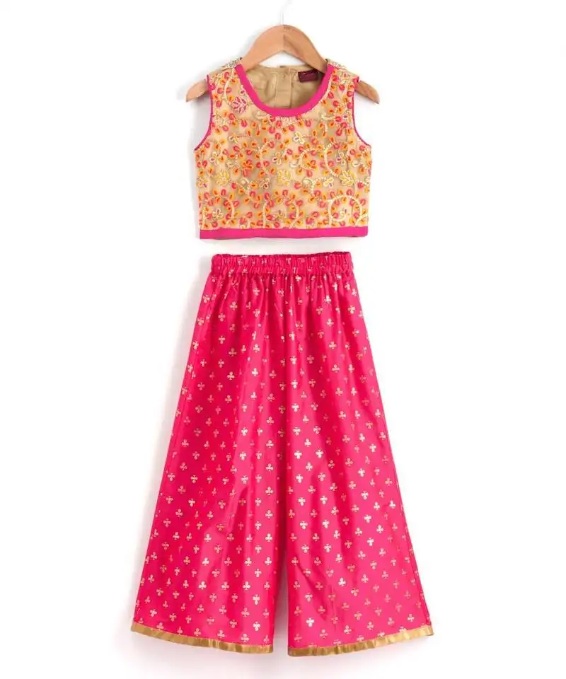 Girls embroidered top and printed palazzo -beige and pink