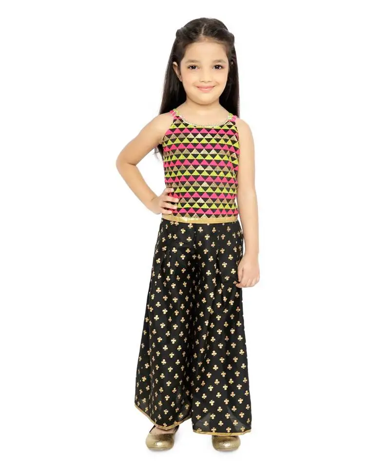 Twisha embroidered blouse with printed palazzos set -black