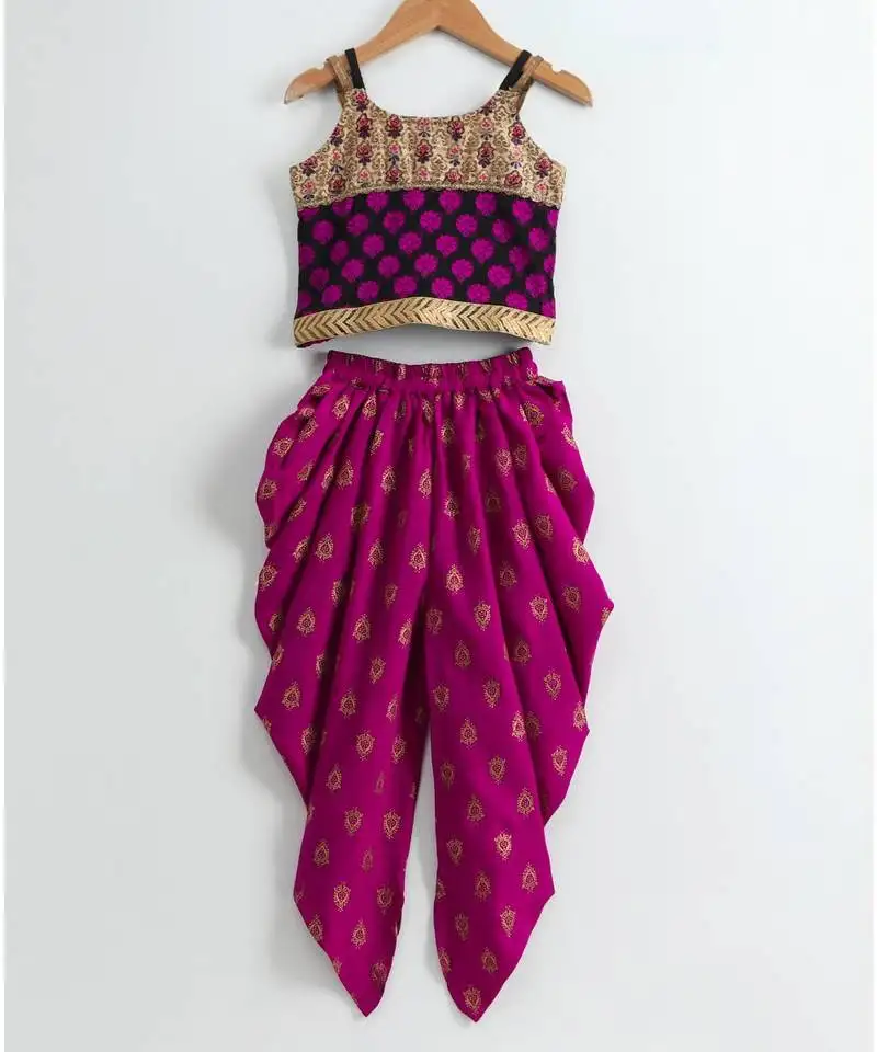 Stylish girls brocade top & designer dhoti-magenta