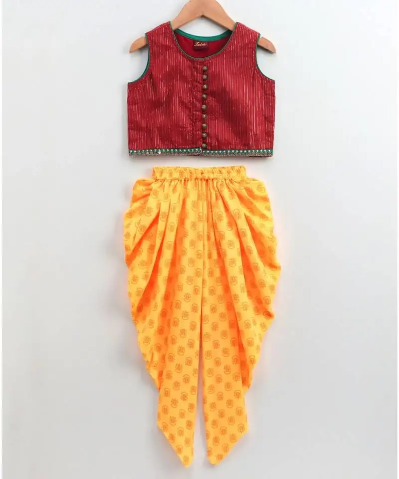 Stylish sleeveless top with potli buttons & designer dhoti-yellow