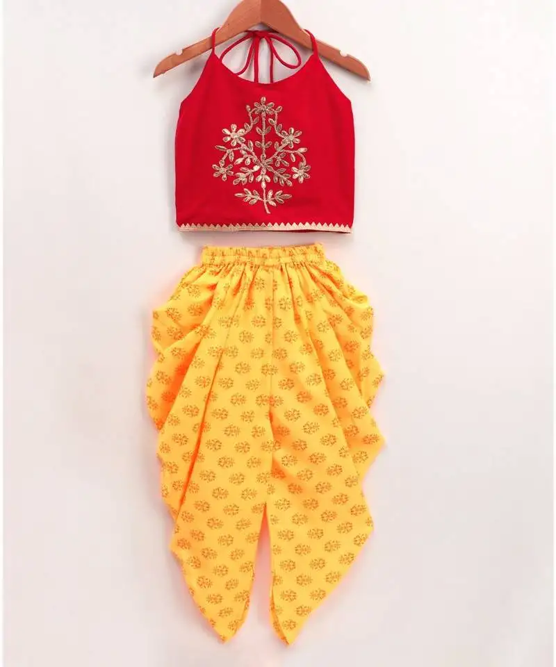 Golden floral embroidered sleeveless choli with dhoti-red