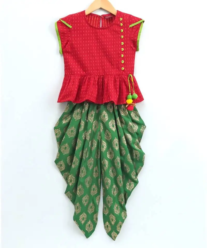 Short sleeves potli button decorated top with dhoti-red