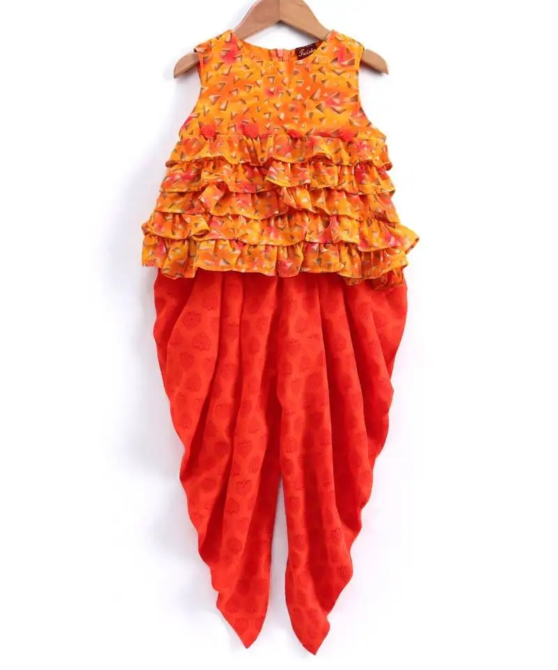 Triangles print sleeveless top with dhoti-yellow