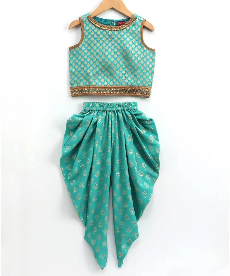 Brocade sleevless blouse with dhoti-seagreen