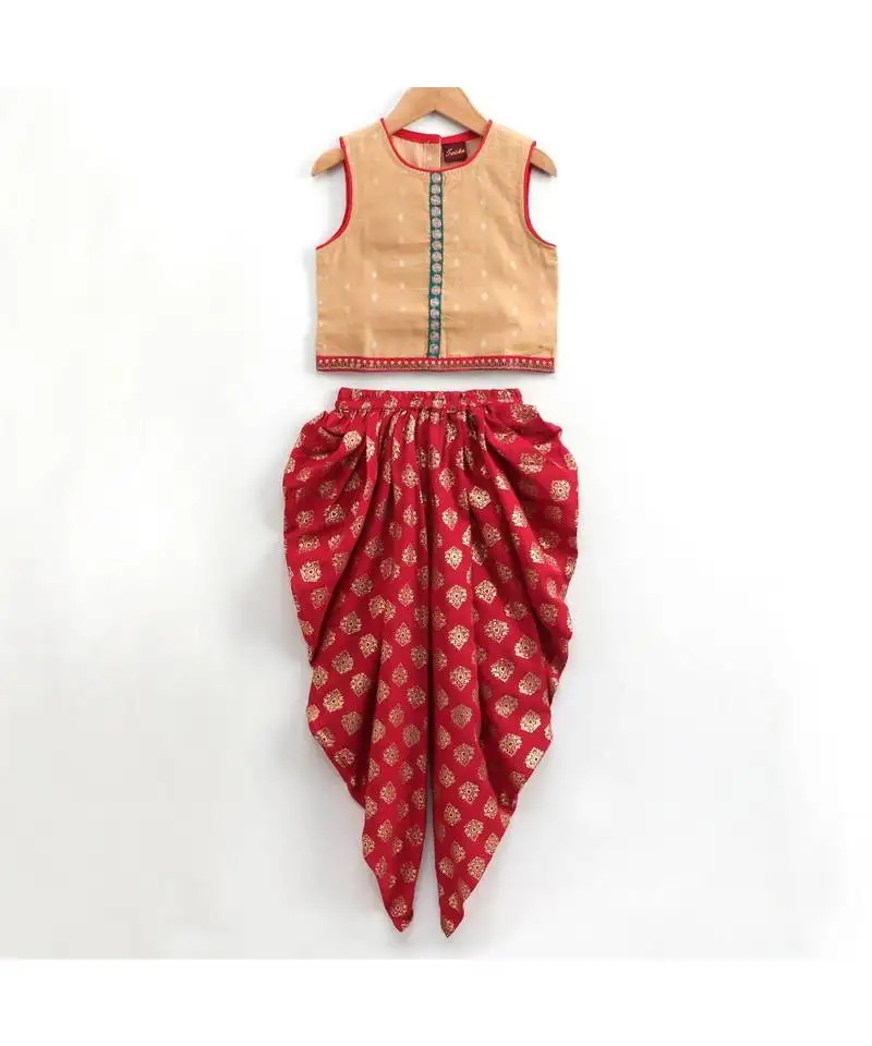 Sleevless polka dot pattern top with dhoti-brown