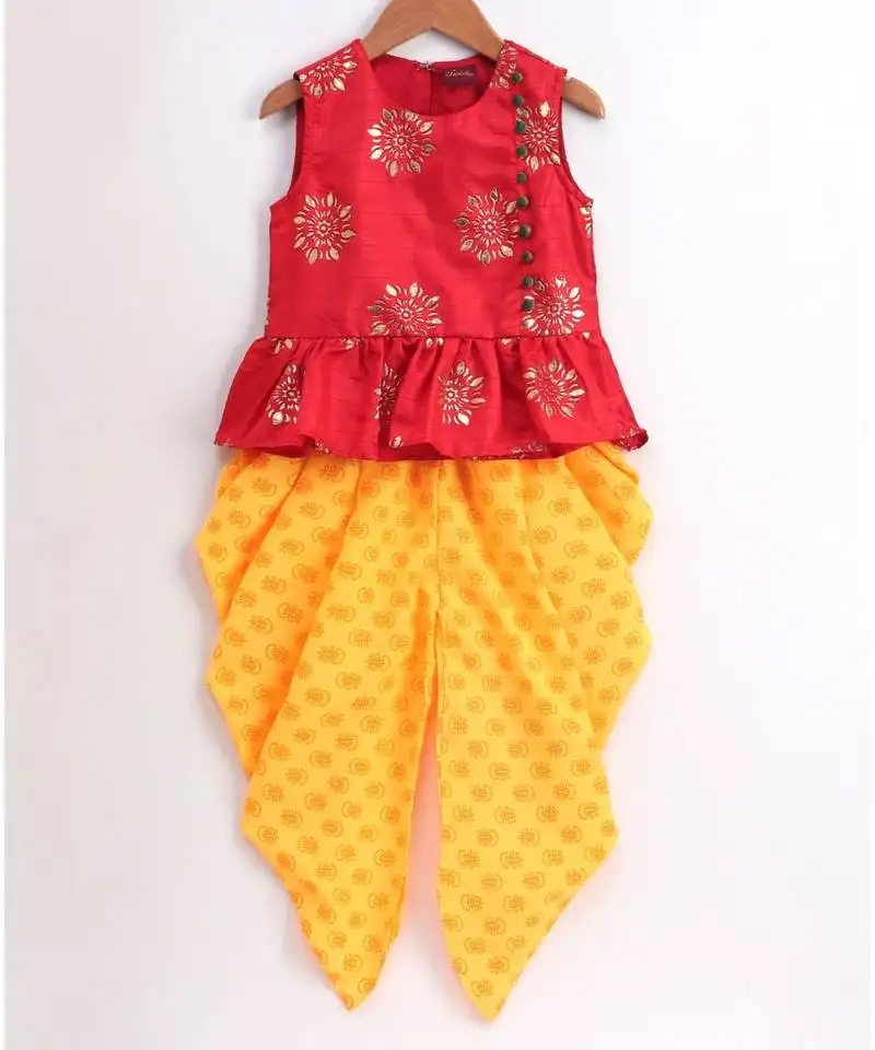 Stylish gold print peplumcholi with floral gold print dhoti -red