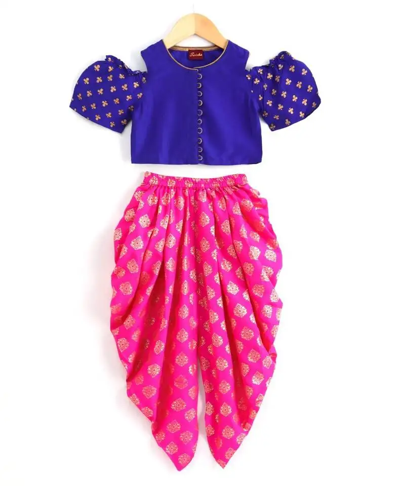 Gold foil club printed half cut out sleeves top with dhoti-blue