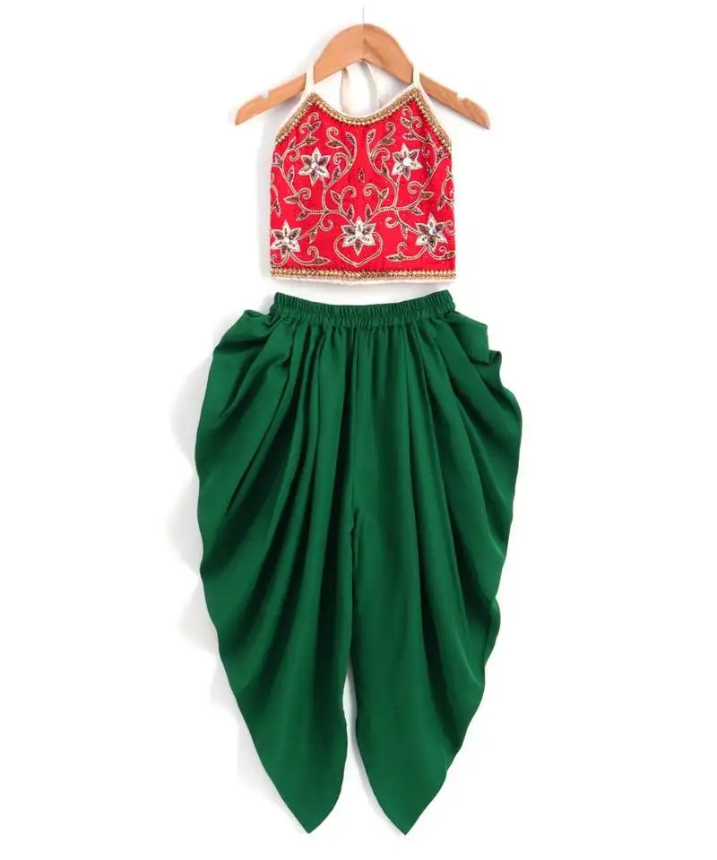 Girls beadwork embroidery top with dhoti set-red green