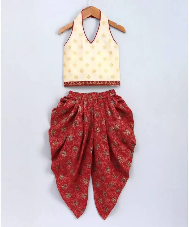 Girls layered top with dhoti set-off white and red