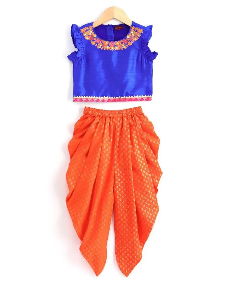 Girls embroidered neckline top with dhoti set-blue and orange