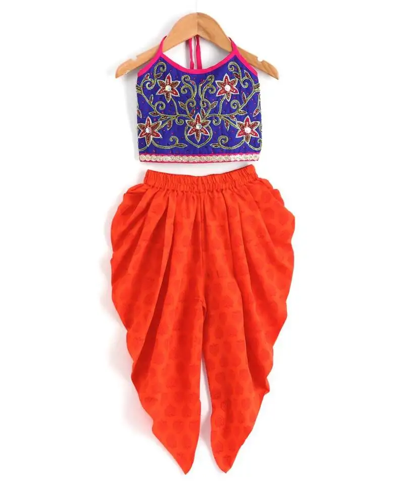 Girls beadwork embroidery top with dhoti set-blue and orange