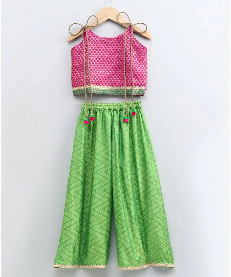 Stylish girls printed tie up top & designer palazzos - pink
