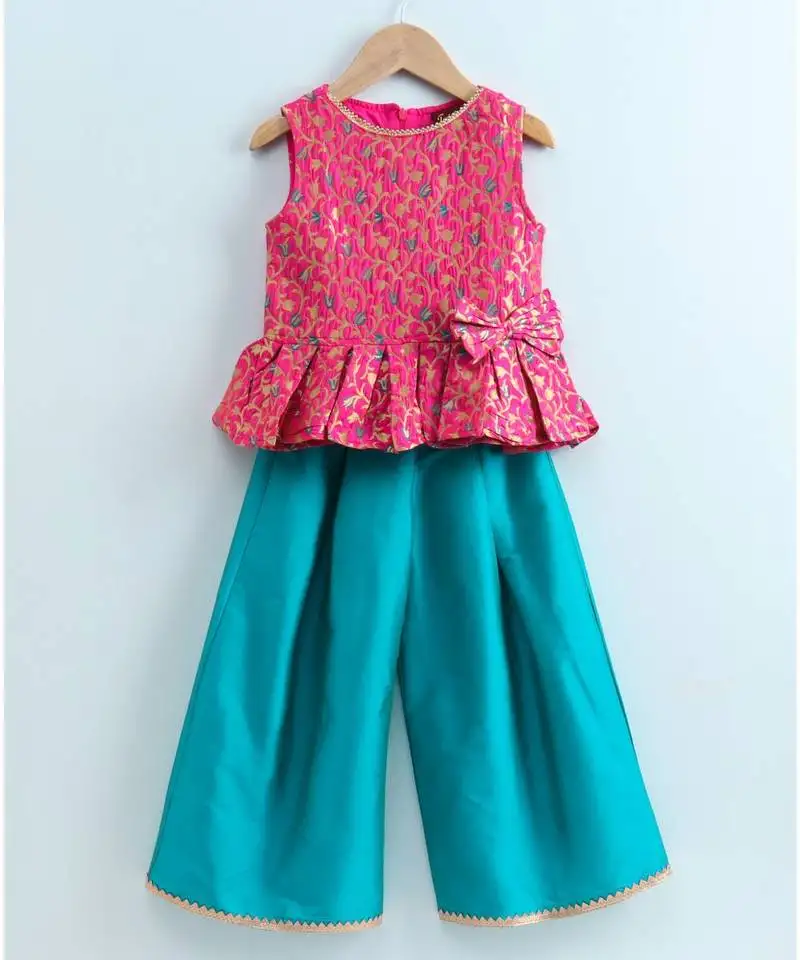 Woven butta peplum round neck sleeveless top with designer palazzos -teal