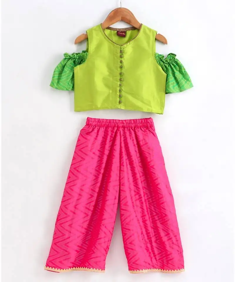 Stylish girls cold sholder sleeveless top with potli buttons and palazzos set-lime green