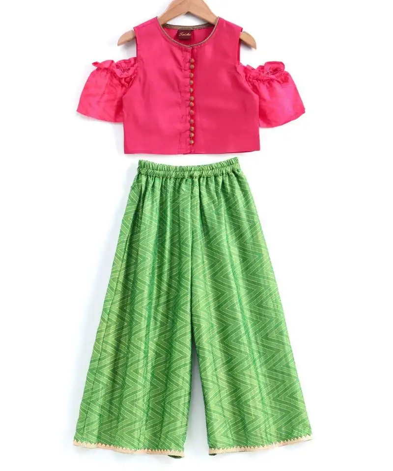 Stylish girls cold sholder sleeveless top with potli buttons and palazzos set-pink
