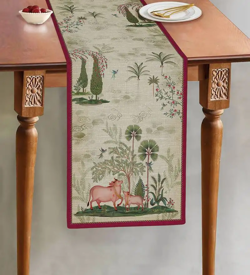 Beige pichwai table runner online | elegant handmade table linen