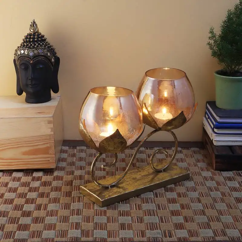 Double lotus glass tealight holder