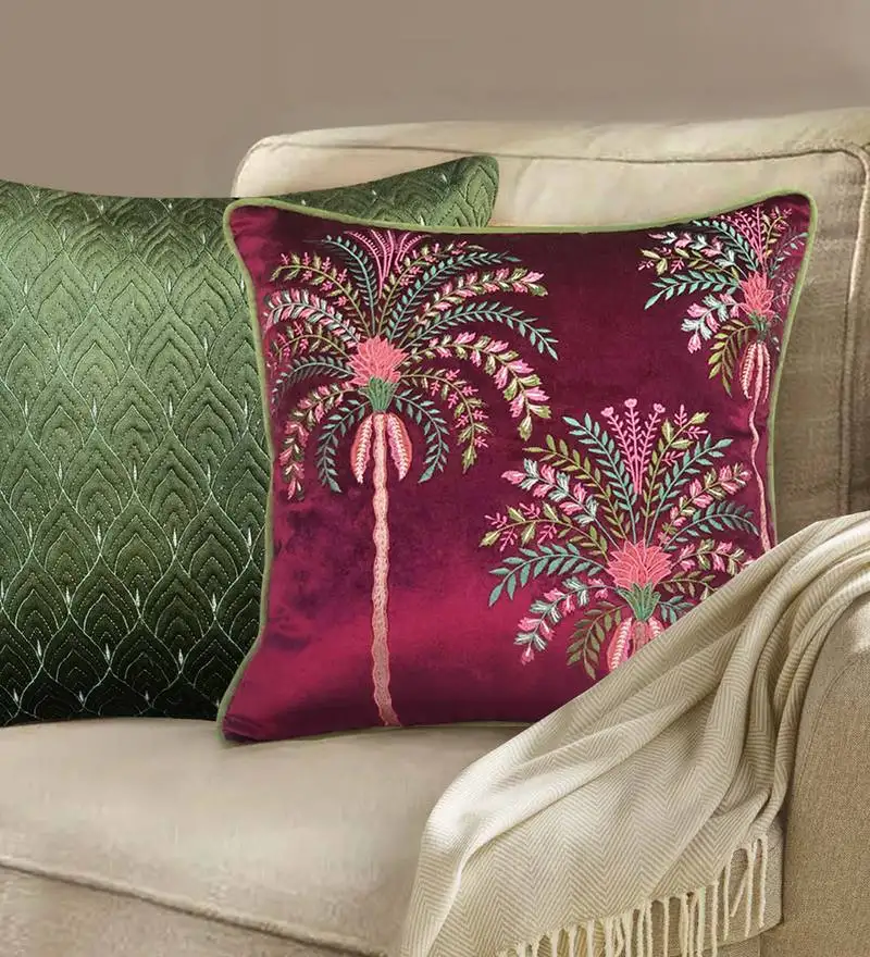Embroidered palm tree tropical cushion cover: 18x18 velvet & cotton
