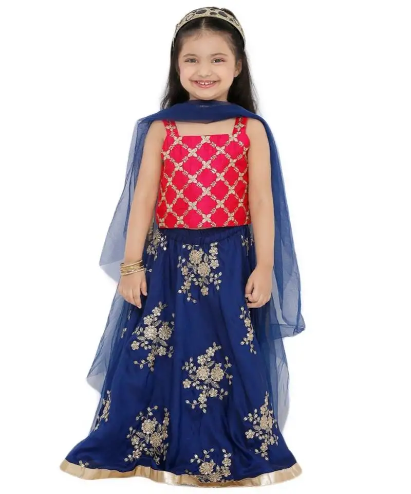 Girl's polyester blend navy-blue lehenga choli